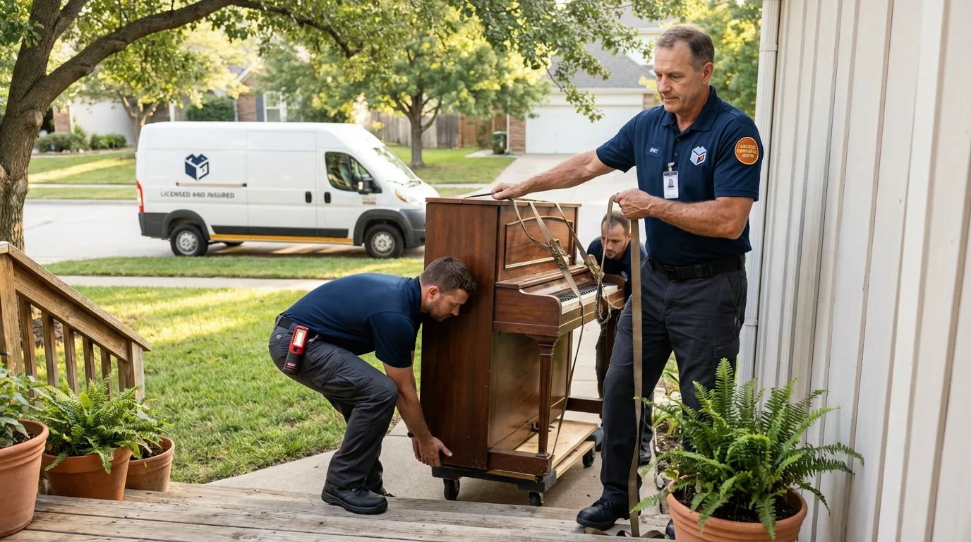 Licensed piano movers securing grand piano in Lathrop, MO