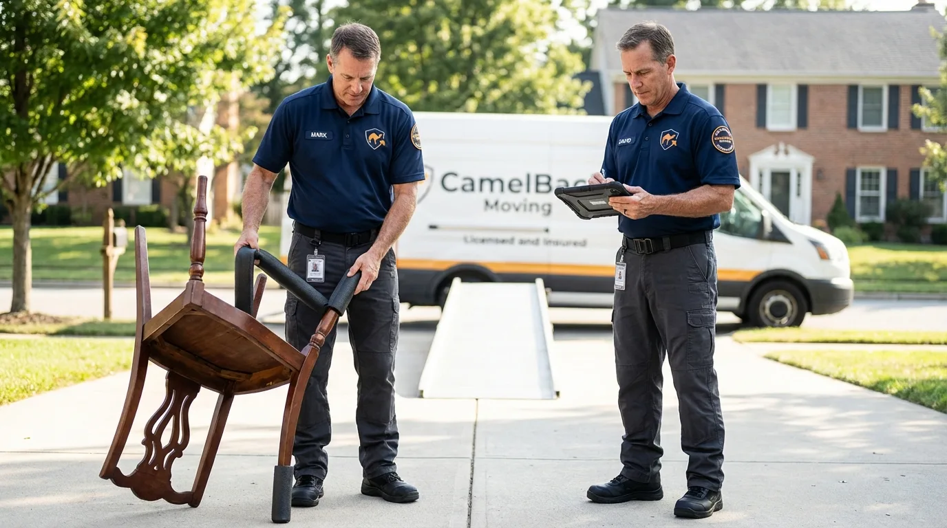 Movers inspecting furniture for damage prevention before loading in Lathrop, MO